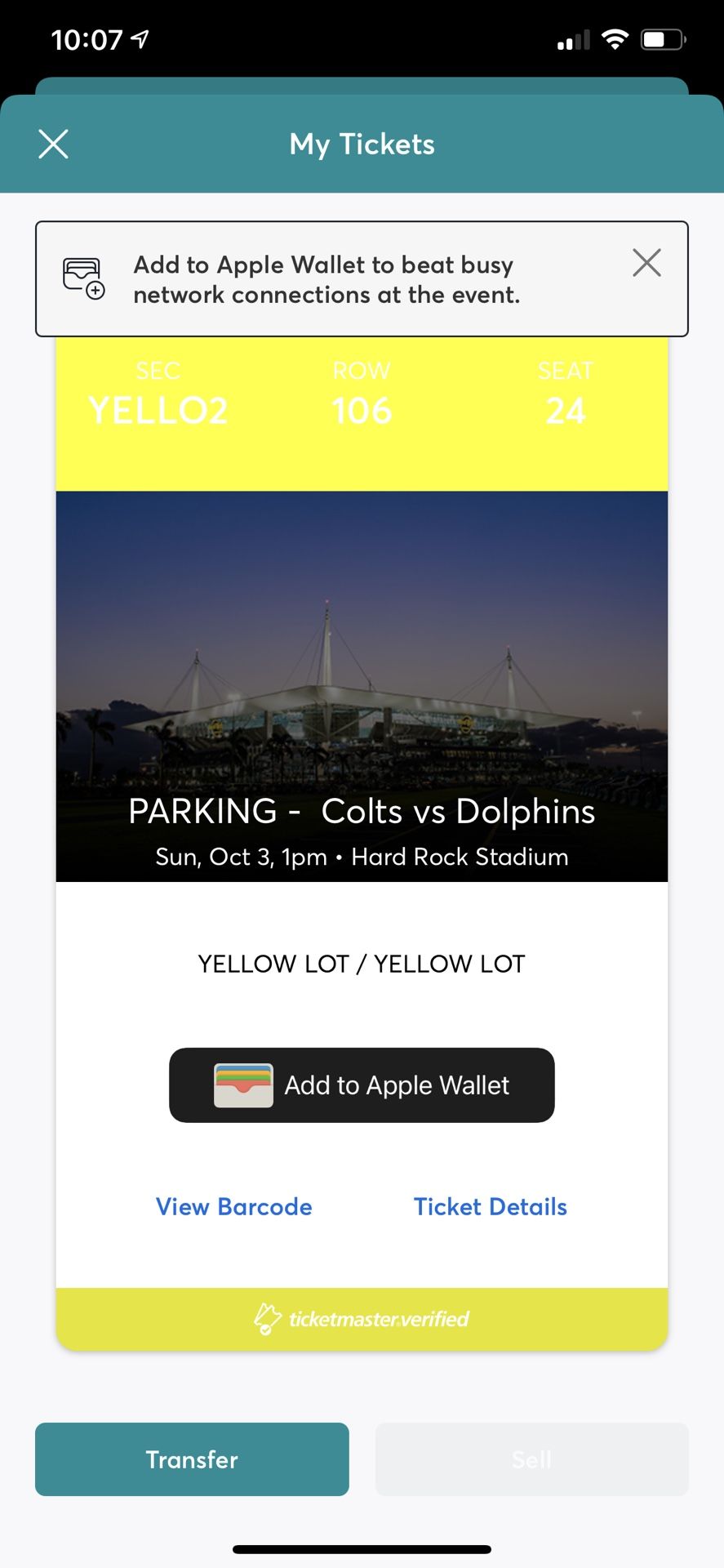 Yellow parking pass dolphins Colts 10/3