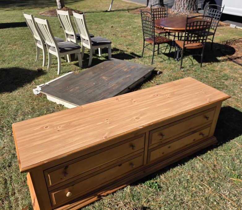 Furniture for sale; Ashley dining table with 4 chairs, iron & wood table with 4 chairs & low dresser