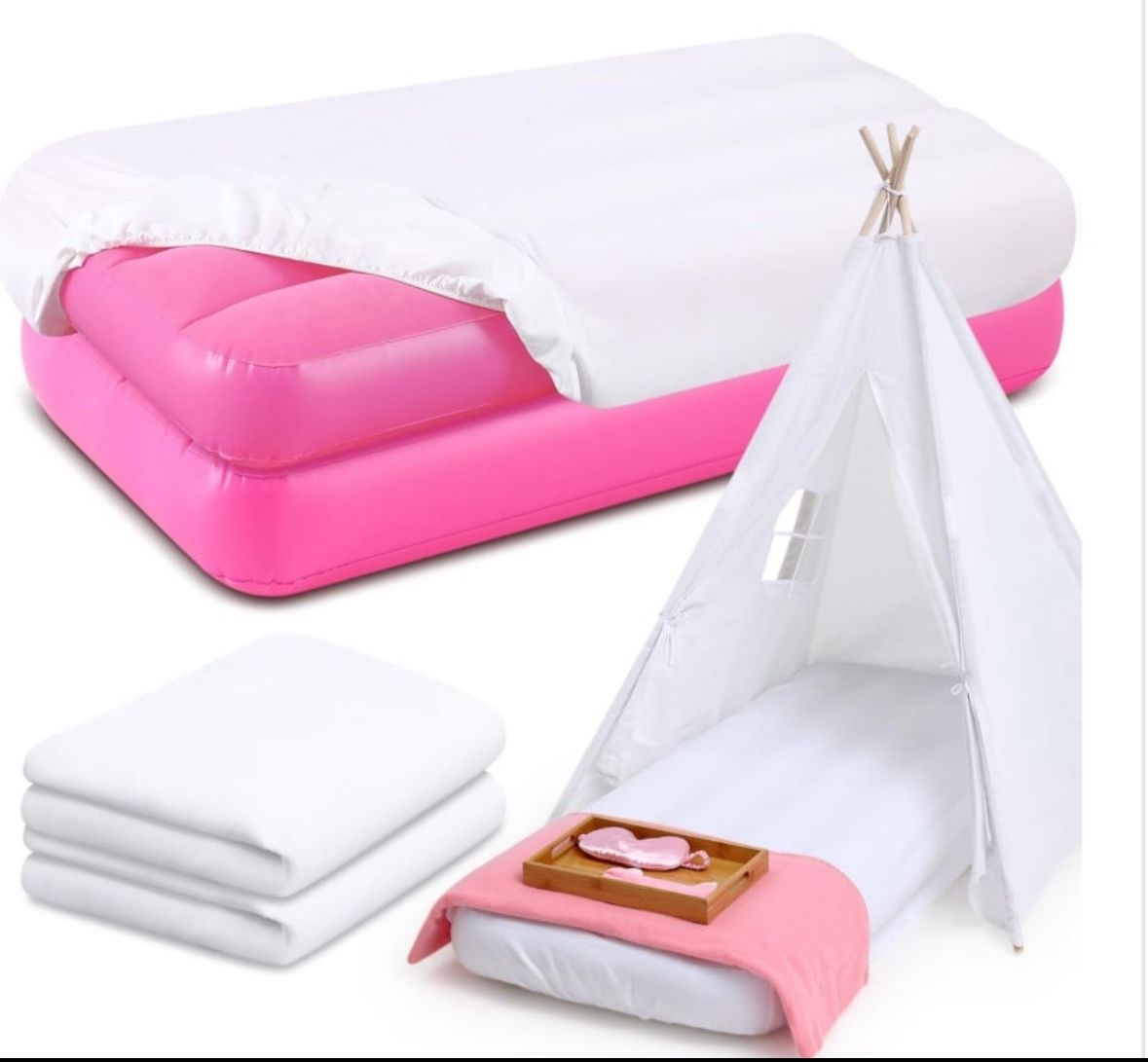 Windyun Kids Air Mattress Bulk With White Fitted Sheet,Toddler Inflatable Bed 63 X 27 X 8 Inches Blow Up Airbed Camping Sleeping Pad For Kids Aged 3-1