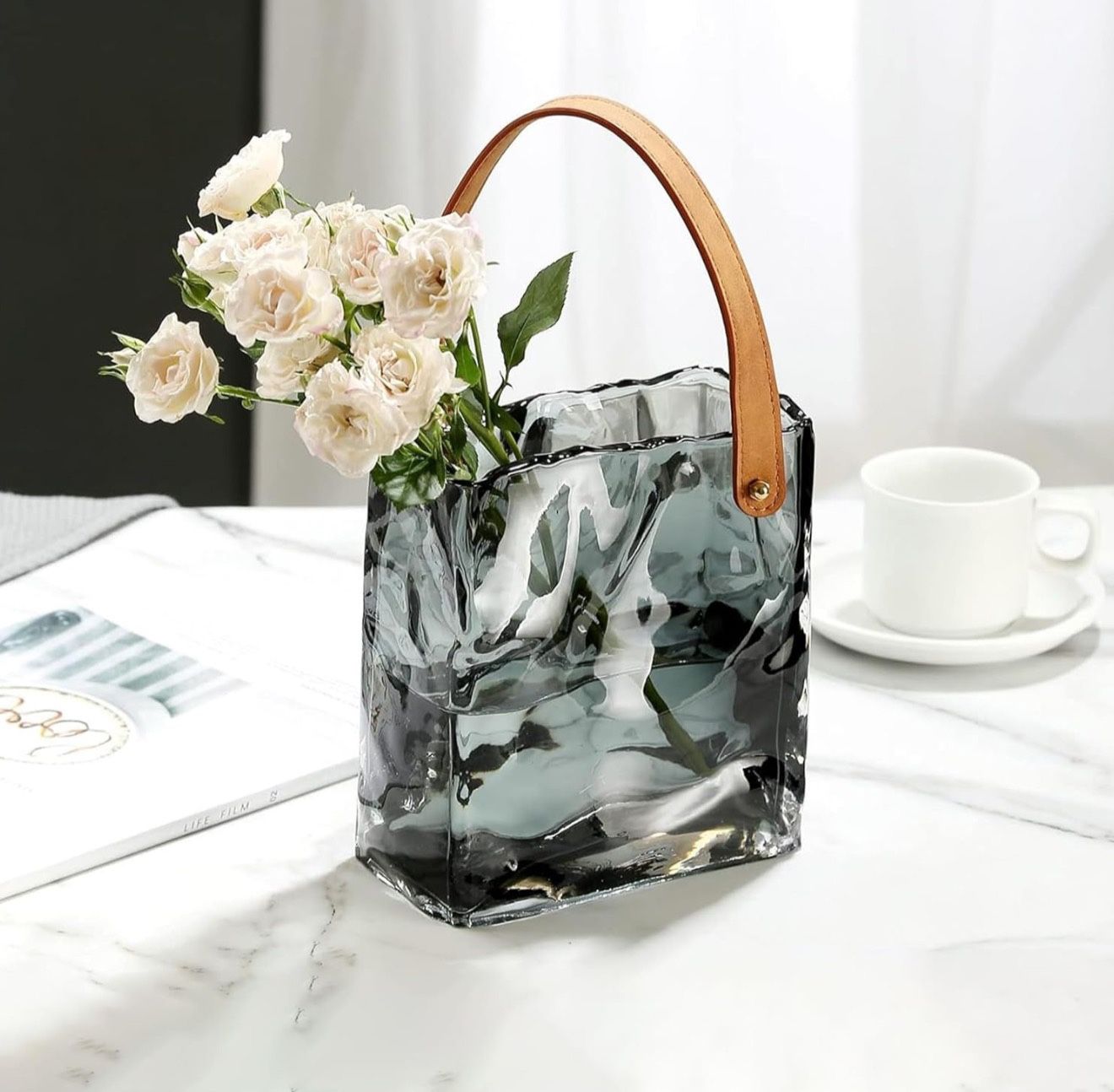 7.5 Inch Clear Handmade Handbag Flower Vase, Glass Purse Vase for Flowers, Unique Decorative Vases