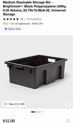 Medium Stackable Storage Bin - Brightroom: Black Polypropylene Utility, 9.25 Volume, 22.79x15.98x8.39, Universal Storage