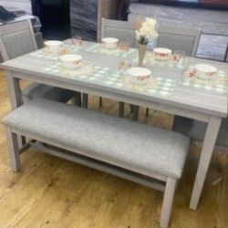 ✅️✅️ 6 pc light finish wood  dining table set padded seat chairs and bench ✅️✅️