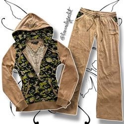 Vintage Y2K BCBG Tracksuit "Camel Tan w/ Black, Dark Green, Lime Green, Camo Print Details" 