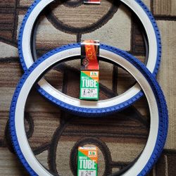 NEW Bicycle Bmx Cruiser Tires 24" Blue Whitewall Diamond Pattern