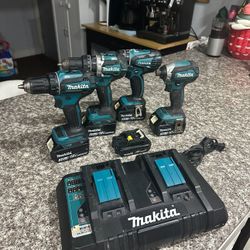 Makita 4 Drill Set 5 Batteries Lot & Fast Charger 
