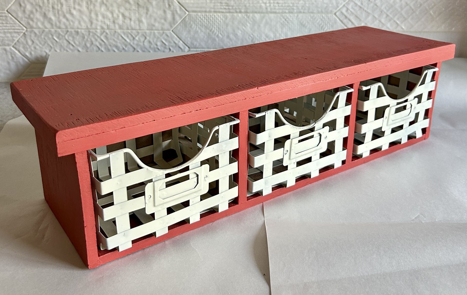 Rustic Red Farmhouse Wall Shelf With Three Vintage Metal Baskets