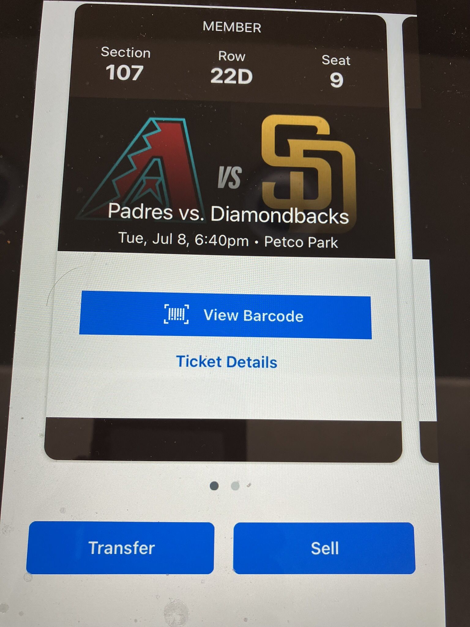 2 PADRES/ D’BACKS TICKETS, TUESDAY, JULY 8, SEC 107, ROW 22D
