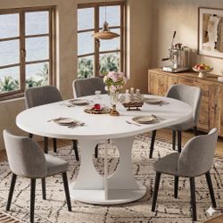 Brand New 59inch White Extendable Round Dining Table With 6 Chairs 