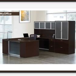 U Shaped Desk With Glass Modesty, Cadenza, And Storage 