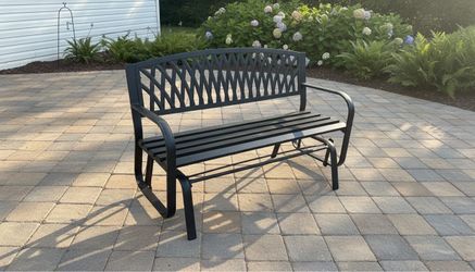 Hampton Bay Black Metal Patio Porch Glider Rocking Bench! Great condition! Retails $159. Two Available 51x25x33in seat height 16in