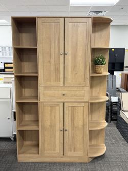 71"H Kitchen Pantry Storage Cabinet with Open Shelves & Drawers, 4-Door Freestanding Versatile Cupboard with Adjustable Shelves for Dining Room, Natur