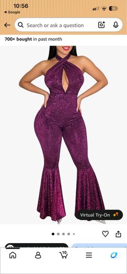 Selena costume Halloween costume small Purple Glitter Halter Neck Flare Jumpsuit