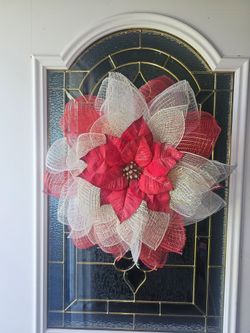 Red and White Poinsettia Deco Mesh Wreath