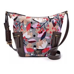 NWT FOSSIL Floral Emerson Canvas/Leather Hobo Crossbody Bag, Retail : 168.00+Tag 