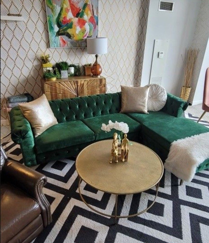 Velvet Sectional Upholstered Tufted Emerald Dark Green Couch Sofa. Great condition.