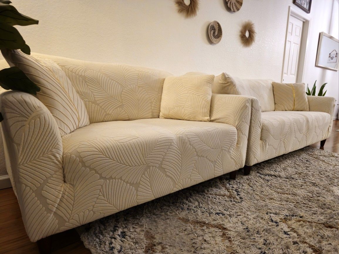 Modern Loveseat + Sofa Set with Beige Custom-Fit Slipcovers & Pillows – $650 (Full Set)