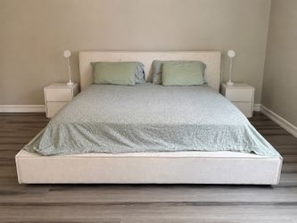 King Upholstered Platform Bed + Revive Quartz Mattress + Protector