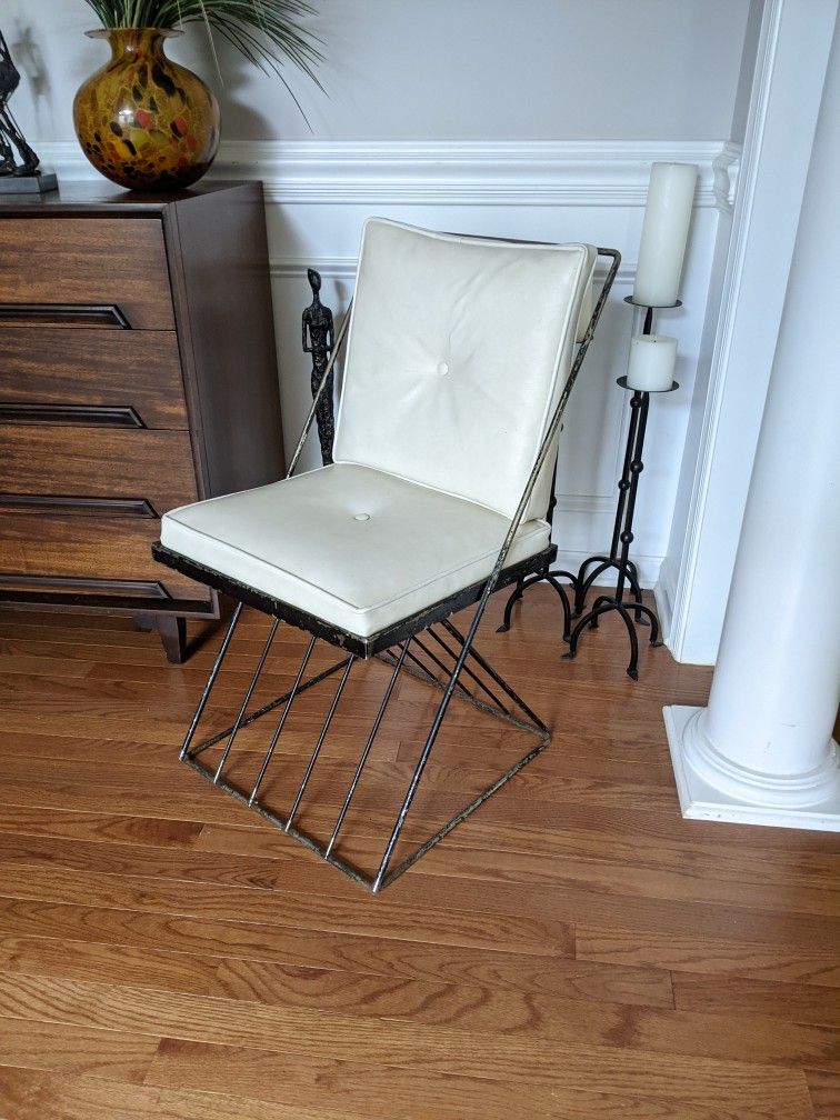 Vintage Chair: Steel Frame & White Leather Cushions