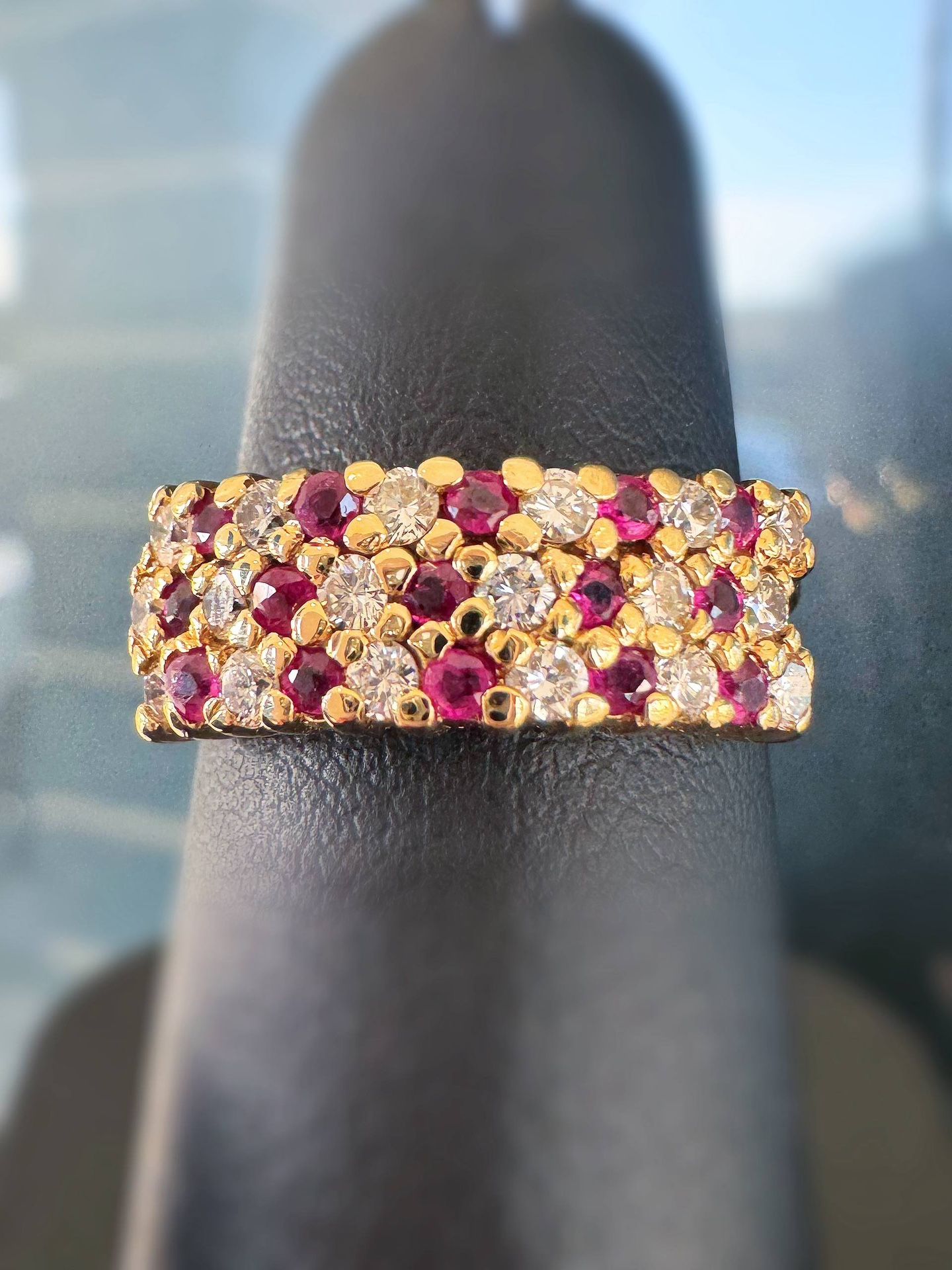 14k yellow gold Pave 0.3CTW Natural Diamond & 0.2CTW Ruby 3 row anniversary band ring sz6