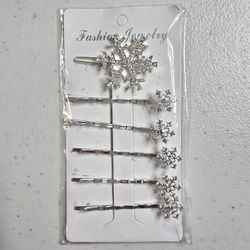 6 Pc Silver Rhinestone Snowflake Hair Clips Bobby Pins Winter Christmas Holiday
