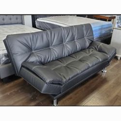 Super Comfortable Black Leather Sofa Bed Sleeper Couch Futon 