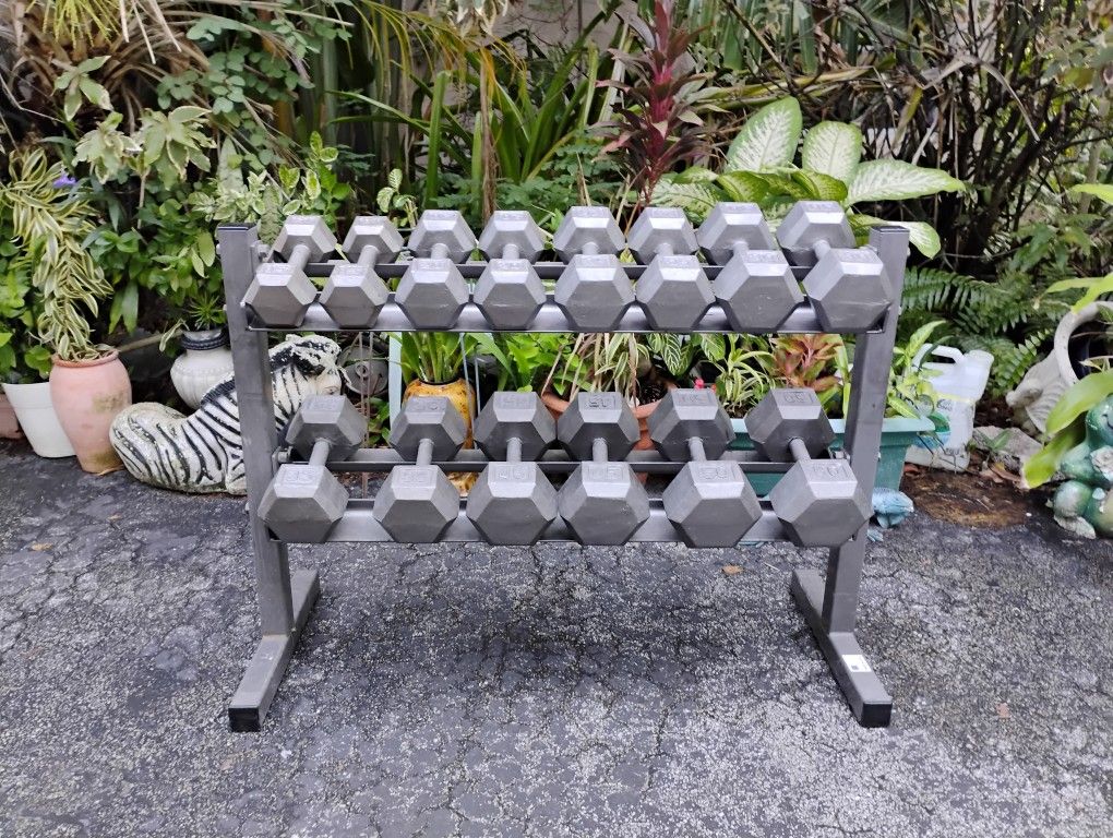 SET OF DUMBBELLS AND HEAVY 2 TIER DUMBBELL RACK (PAIRS OF) : 15s 20s 25s 30s 35s 45s 50s