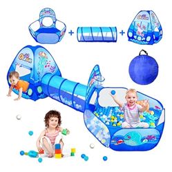 PigPigPen 3 in 1 Kids Play Tent with Tunnel, Ball Pit, Basketball Hoop for Boys & Girls, Toddler Pop Up Playhouse Toy Baby Indoor/Outdoor, Gift Year O