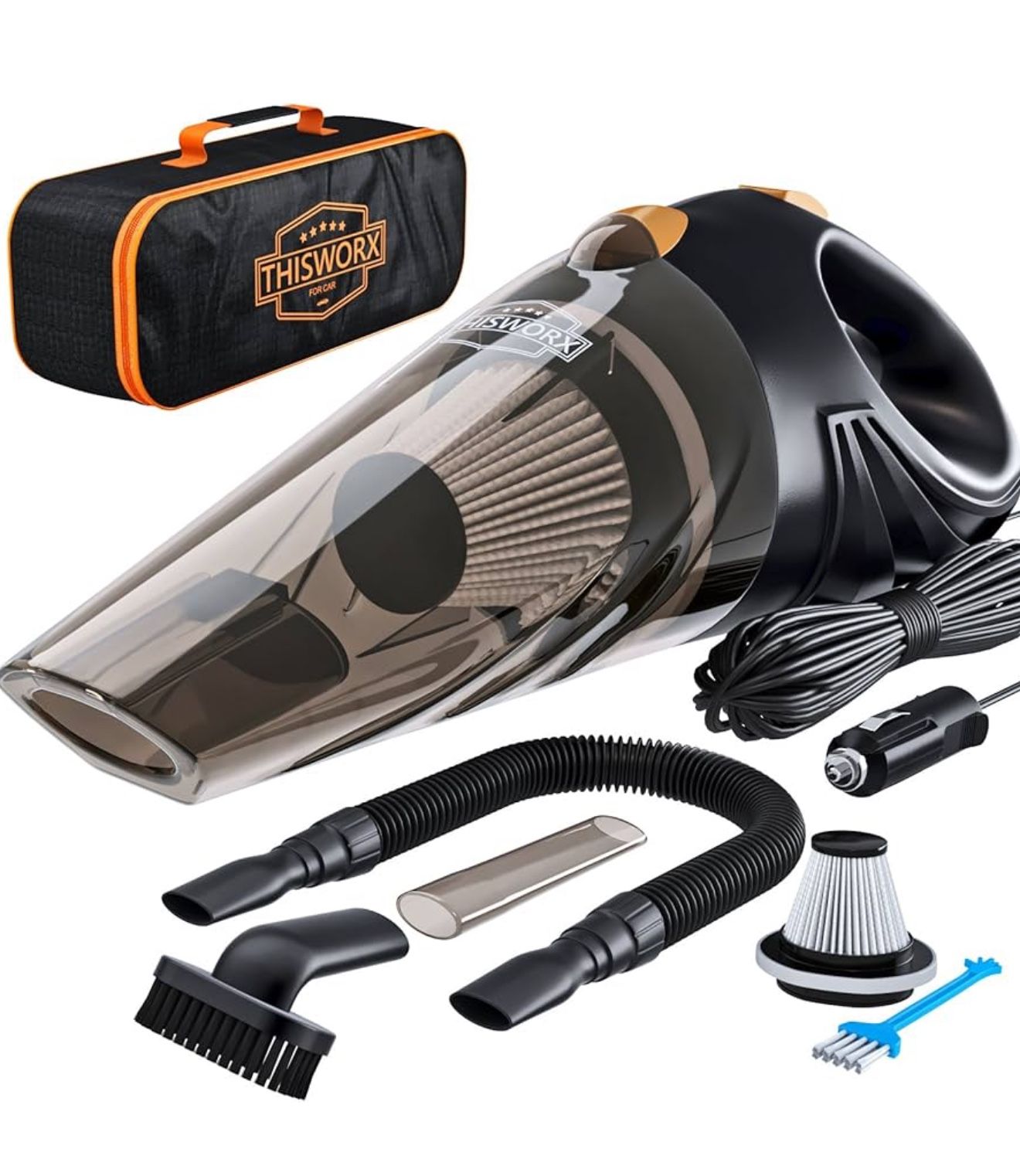 THISWORX Car Vacuum Cleaner - Portable, High Power, Handheld Vacuums w/ 3 Attachments, 16 Ft Cord & Bag - 12v, Auto Accessories Kit for Interior Detai