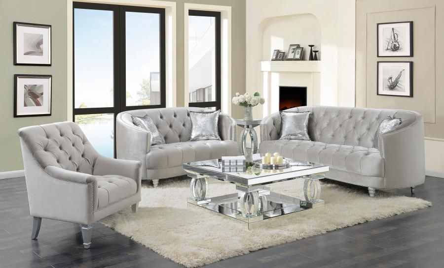 3 Piece Upholstered Sloped Arm Sofa Grey Velvet