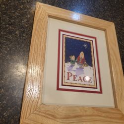 PEACE rabbits looking at night sky framed/glass art approx 11x13" wide light oak frame