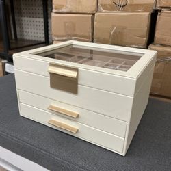 SONGMICS Jewelry Box Organizer with Glass Lid 3-Layer Storage w/ 2 Drawer - Cloud White / Gold