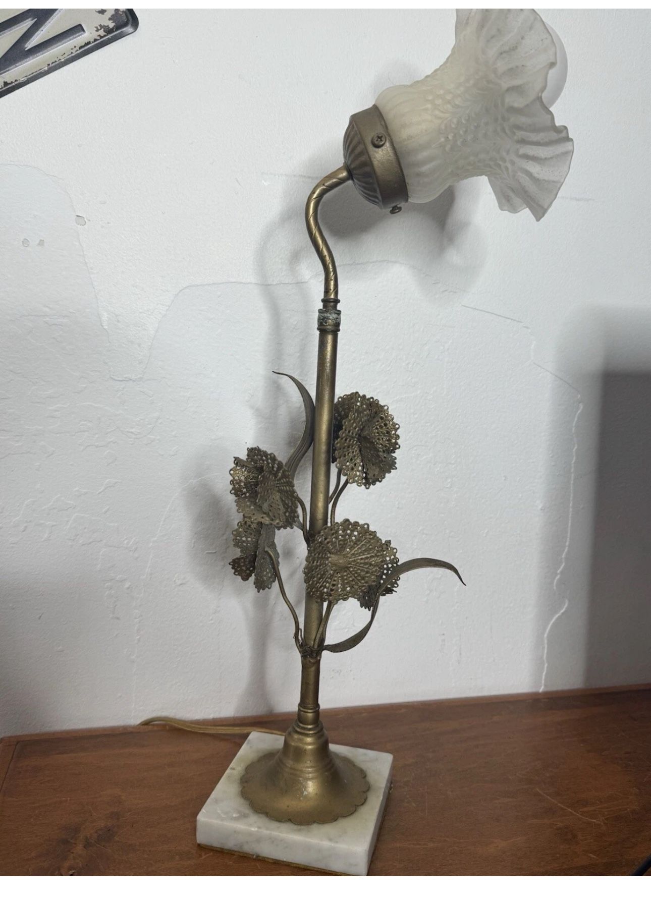 Ornate Brass Table Lamp with Floral Design Ruffled Glass Shade Vintage Decor