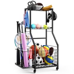 Sports Equipment Cart Garage Organizer NEW Ball Storage with Heavy Duty Wheels