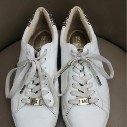 Michael Kors Irving embellished white leather sneakers with a multicolor glitter heel  Size 9