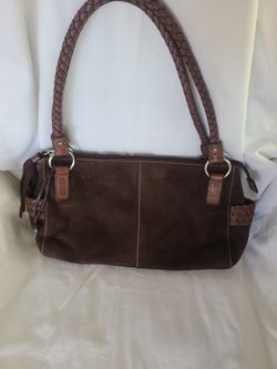 Fossil Brown Suede Leather Shoulder Bag Braided Strap Key Charm Floral Lining