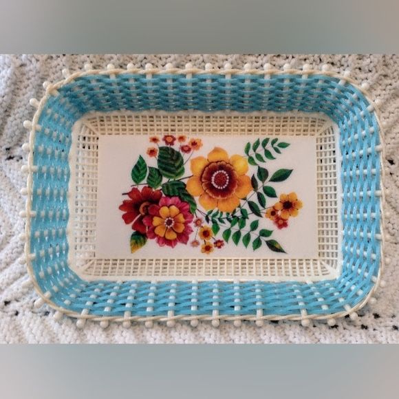Plastona Floral Tray No 1140 Basket Made In Greece Blue Flowers Vintage
