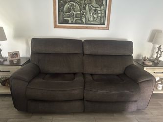 Reclinable gray rooms 2 go two seater couch along with a sofa chair
