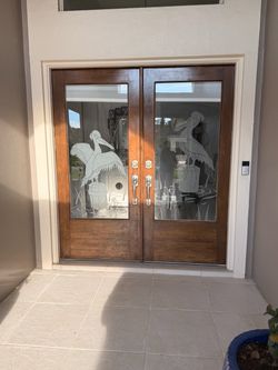 Wood Double Entry Door with Etched Glass Pelican Design