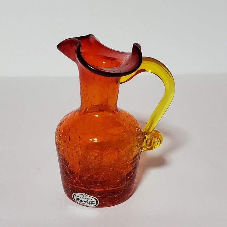 Rainbow Hand Blown Crackle Glass Small Pitcher 4.25"