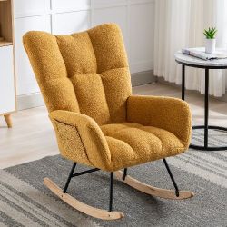 [Free shipping]Soft Teddy Fabric Rocking Chair , Comfy Wingback Golider Rocking Chair with Safe Solid Wood Base (yellow)