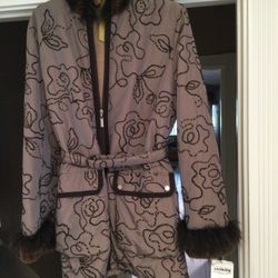 ARGIRJOU  Lavender Microfiber Embroidered Zip Jacket , With Genuine Chinchilla Hoodie And Cuffs