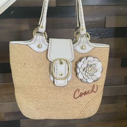 Coach Vintage Bleeker Natural Straw Floral Leather Purse