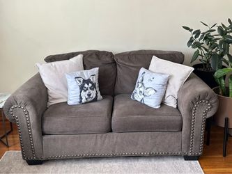 Gray Fabric Loveseat with Nailhead Trim