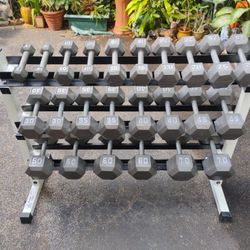 FULL SET OF MATCHING  DUMBBELLS WITH HEAVY DUTY BIG  KEYS  :  3 TIER DUMBBELL  RACK (PAIRS OF)  :  5s  10s 15s  20s  25s  30s  35s 40s 45s 50s 60s 70s