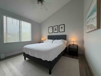 Queen Upholstered Platform Bed Frame + Tufted Headboard - Excellent Condition