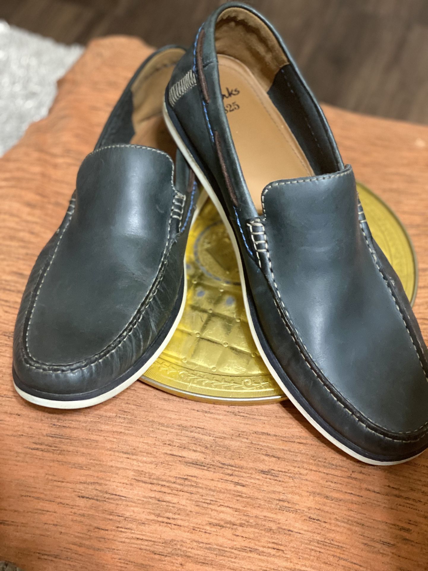 CLARKS 1825 Mens Driving Moccasin Loafer Navy Blue Leather Comfort Size 13