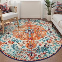 Lahome Reine Bohemian Floral Medallion Round Rug - 6Ft Soft Rug for Living Room Washable Rug for Dining Room, Vintage Faux Wool Non Slip Cute Table Th