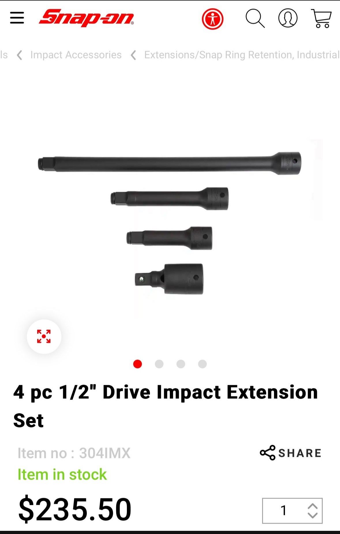 Snap On 4 Piece 1/2in Impact Extension Set