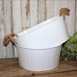NEW Pair of White Ribbed Farmhouse Metal Buckets Tubs Planters 