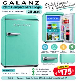Like NEW - Galanz GLR25MGNR10 Retro Compact Refrigerator, Mini Fridge with Single Doors,